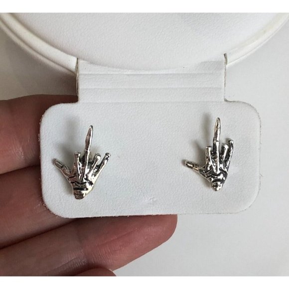 5/$20 Gothic Middle Finger Skeleton hand Mini Stud Earrings - Picture 1 of 6